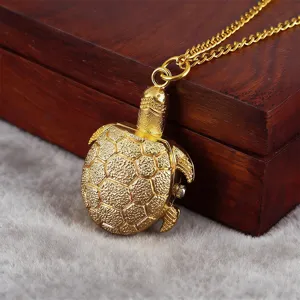 Vintage gold turtle pendant pocket watch quartz necklace for kids students stylish