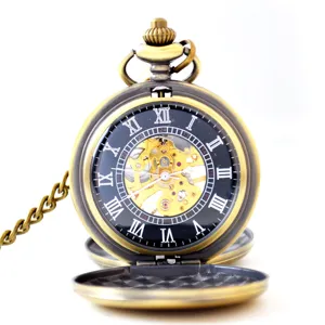 Classic vintage bronze mechanical pocket watch with skeleton dial roman numerals and chain.