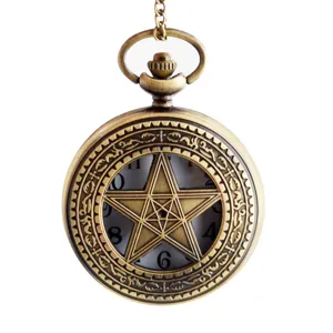 Vintage Bronze Pentagram Taschenuhr Hohl Quarz Uhr mit Kette für Damen und Herren