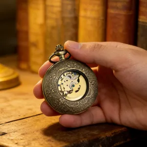 Vintage bronze mechanical pocket watch with carved floral pattern and hollow skeleton dial