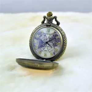 Vintage bronze pocket watch with world map dial and Roman numerals for daily retro fashion.