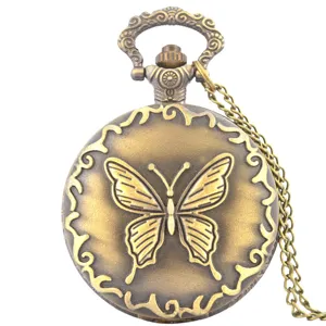 Antike bronzene Quarz-Taschenuhr mit filigranem Schmetterlings-Relief und passender Halskette