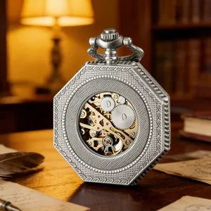 Vintage octagonal skeleton mechanical pocket watch with intricate carved details and visible gears.