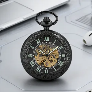 Retro skeleton mechanical pocket watch with carved black case and Roman numerals for men.