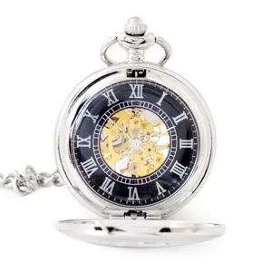 Vintage Opengewerkt Mechanisch Zakhorloge Retro Zilveren Legering Zakhorloge Met Ketting Voor Heren Dames