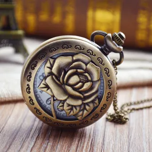 Vintage Bronze Hollow Quartz Pocket Watch With Long Chain Retro Casual Pendant Clock For Women Men Jewelry
