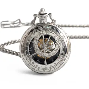 Vintage mechanical pocket watch close up, detailed astronomical compass dial and gears.