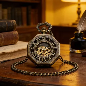 Vintage octagonal skeleton mechanical pocket watch with retro Roman numerals and metal chain.