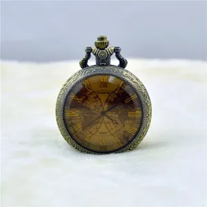 Vintage bronze quartz pocket watch featuring a world map dial and classic Roman numerals.