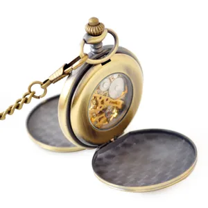Vintage Bronze Mechanical Pocket Watch Open Face Skeleton Wind Up Watch with Chain