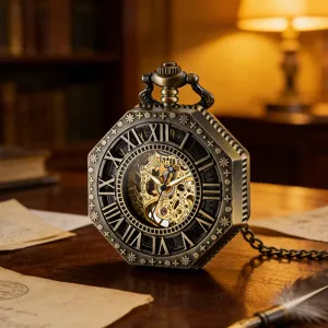 Vintage octagonal mechanical pocket watch with hollow carved design, Roman numerals and bronze chain.