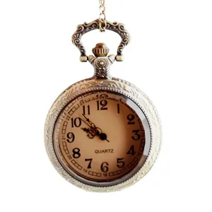 Vintage bronze quartz pocket watch featuring Arabic numerals dial and engraved metal case.
