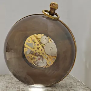 Vintage Transparante Kristallen Bal Mechanische Zakhorloge Bureau Ornament Goud