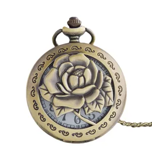 Vintage bronze floral pocket watch with chain, elegant hollow rose design for casual wear.