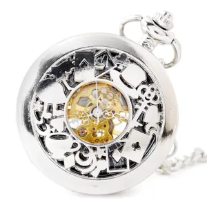 Mechanisch zakhorloge met hol Alice in Wonderland ontwerp, zilveren retro ketting unisex cadeau.