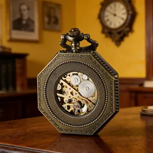 Vintage octagonal mechanical pocket watch with hollow carved design and visible gears detail.