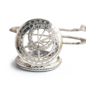 Vintage silver armillary sphere astronomical pocket watch with chain, unique mechanical retro design.