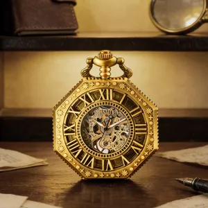 Vintage octagonal mechanical pocket watch detail, hollow carved brass retro Roman numerals dial.