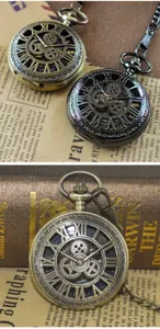 Retro mechanical pocket watch detail showing hollow gear design and classic Roman numerals clearly.