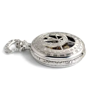 Vintage silver mechanical pocket watch with astrolabe hollow design and Roman numerals.