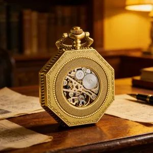 Vintage octagonal mechanical pocket watch with hollow carved brass finish and exposed gear dial.