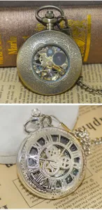 Vintage mechanical pocket watch with hollow skeleton design and classic Roman numeral markers.