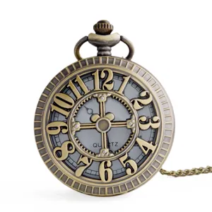 Retro Hollow Quartz Pocket Watch Necklace Small Arabic Numerals Wheel Design Alloy Case Pendant Watch For Men Women Jewelry Gift