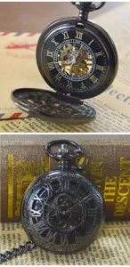 Detailed close-up of vintage black mechanical pocket watch featuring skeleton dial and gears.