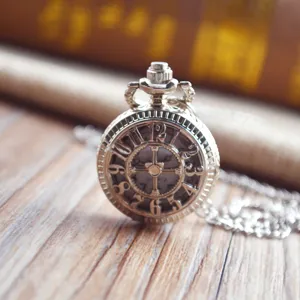 Vintage small hollow pocket watch necklace, retro wheel dial quartz watch for men and women.