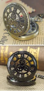 Vintage hollow mechanical pocket watch with Roman numerals and gear skeleton detail.