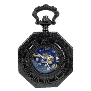 Vintage Octagonal Mechanical Pocket Watch Skeleton Roman Numerals Retro Hollow Hand Watch