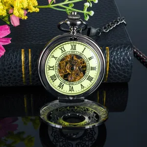 Classic hollow semi-automatic mechanical pocket watch retro vintage timepiece with chain display