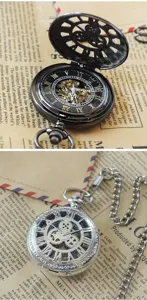 Vintage mechanical pocket watch with hollow gear design and roman numerals for men women.