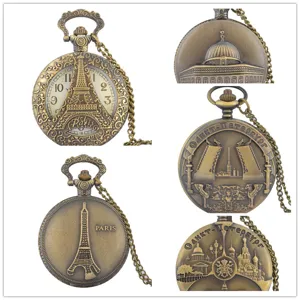 Detailaufnahme einer antiken Taschenuhr in Bronze mit dem Pariser Eiffelturm Motiv.