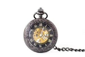 Vintage mechanical pocket watch with hollow skeleton dial and chain for men and women