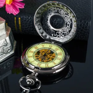 Classic vintage hollow mechanical pocket watch with roman numerals and floral case design.