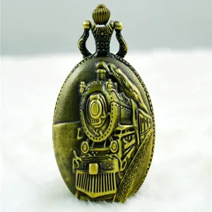 Close-up of vintage bronze locomotive pocket watch cover with steam train 3D relief.