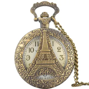 Vintage Bronze Hohl Eiffelturm Taschenuhr Quarz Taschenuhr Mit Kette Retro Architektur Anhänger Pullover Kette Uhr Für Damen