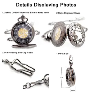 Vintage mechanical pocket watch with hollow gear dial and practical belt clip chain.
