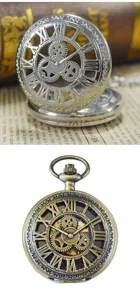 Vintage skeleton mechanical pocket watch with Roman numerals, classic hollow gear design.
