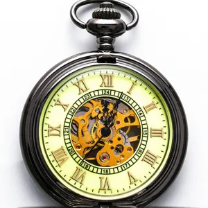 Vintage mechanical pocket watch with hollow skeleton dial and Roman numerals for men and women.