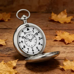 Detailed view of vintage silver quartz pocket watch with textured white dial and classic numerals.