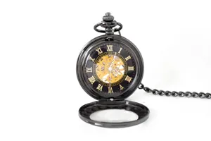 Classic black mechanical pocket watch with skeleton dial and Roman numerals for men and women.