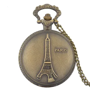 Klassische Vintage Bronzene Quarz Taschenuhr mit Eiffelturm Gravur und Kette.