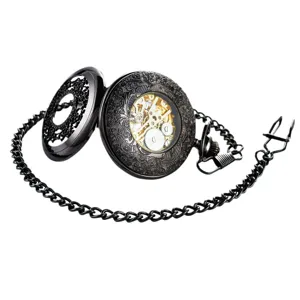 Classic hollow mechanical pocket watch with retro floral carved flip cover and chain.