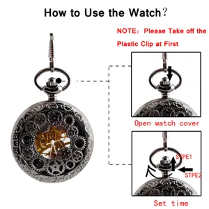 Vintage skeleton mechanical pocket watch with gear design, chain, and easy operation guide.