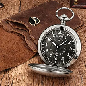 Vintage quartz pocket watch with calendar, black dial, arabic numerals, business gift necklace.