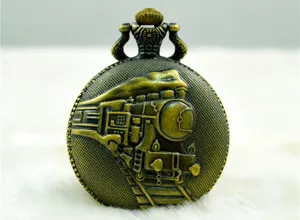 Vintage bronze pocket watch with steam locomotive relief design for men, quartz movement.