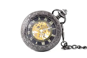 Vintage skeleton mechanical pocket watch with black engraved case, Roman numerals and chain.