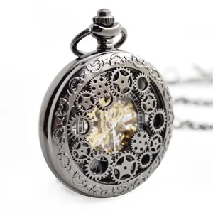 Vintage skeleton mechanical pocket watch with hollow gear design and classic black gunmetal finish.